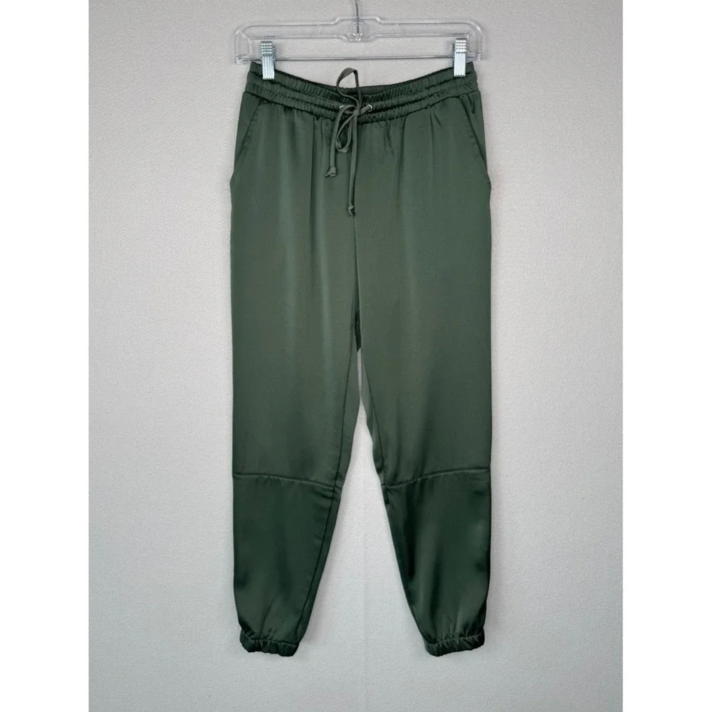 Socialite Satin Joggers Olive Green XS Minimalist Party Elevated Casual‎ Pants